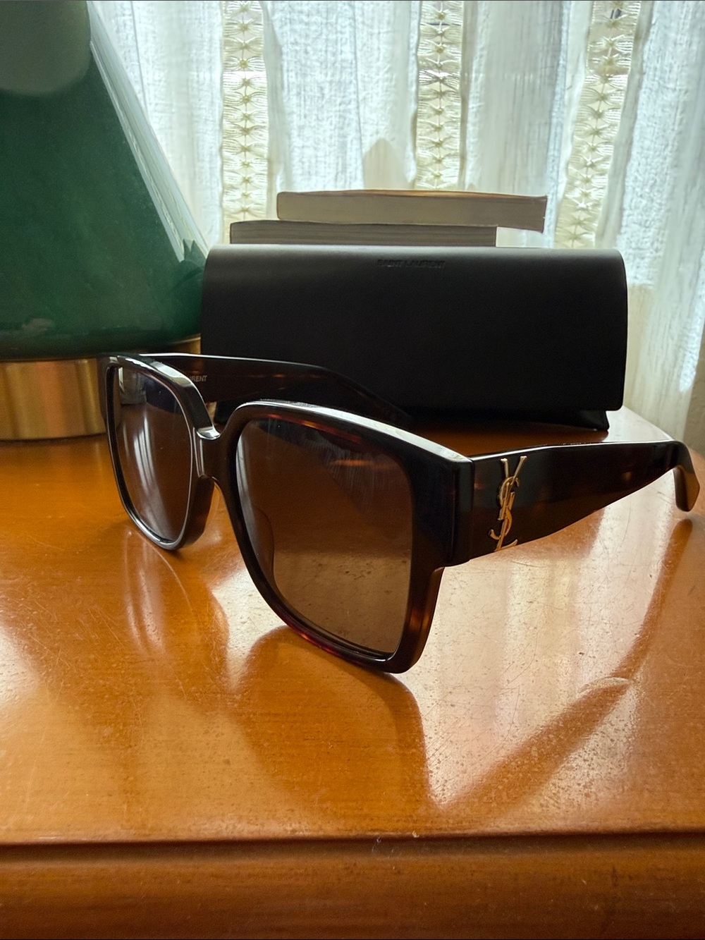 Saint Laurent Tortoiseshell Oversized Square Sunglasses with Gold YSL Accent